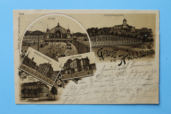 Postcard Litho PC Halle Saale 1902 railway station theatre Town architecture Sachsen Anhalt